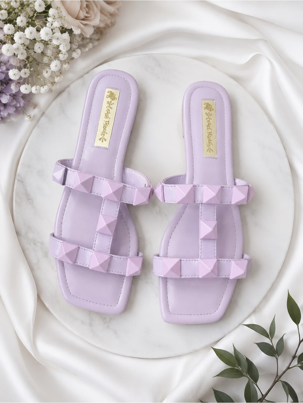 Lilac Pyramid-Stud Slide Sandals